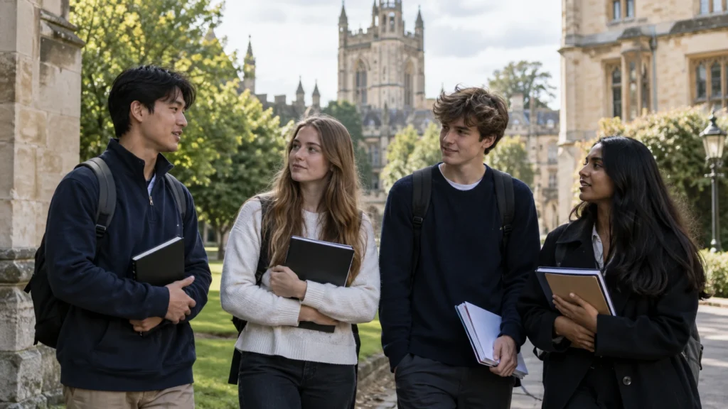 Students walking on a UK university campus for an ESAT admissions test guide.