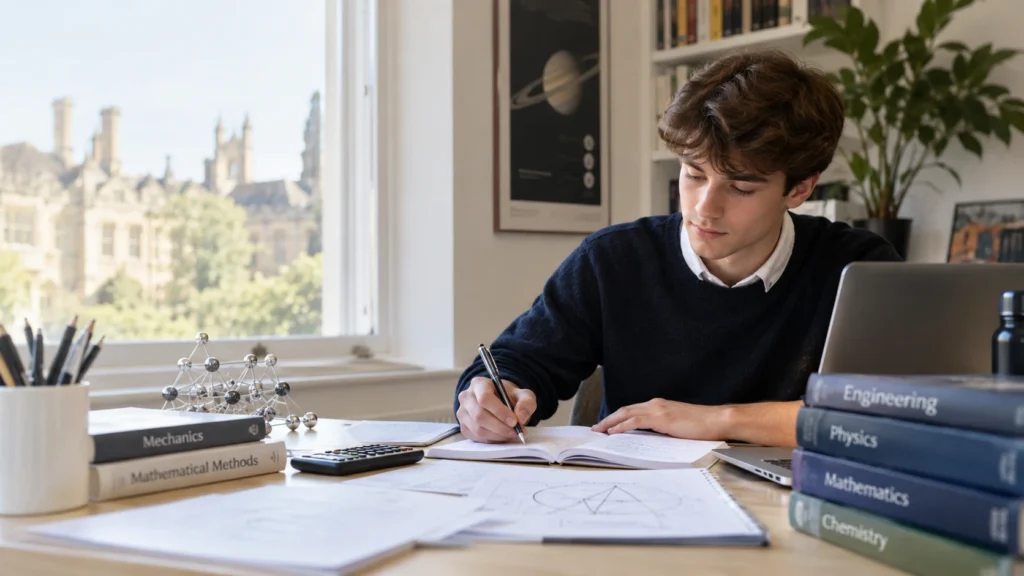 Student preparing for the Engineering & Science Admissions Test using an esat guide, with maths, physics and engineering study materials.