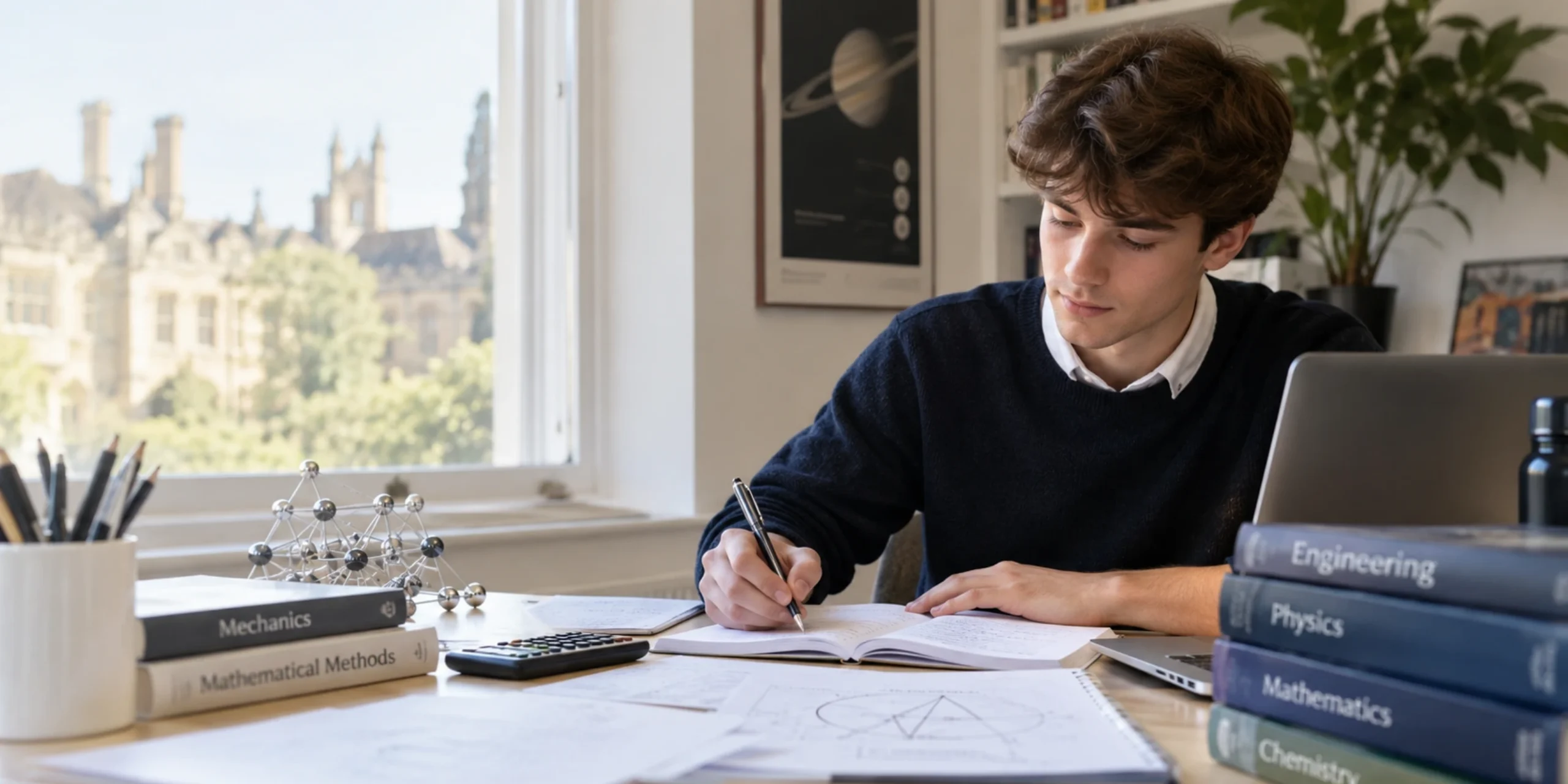 Student preparing for the Engineering & Science Admissions Test using an esat guide, with maths, physics and engineering study materials.