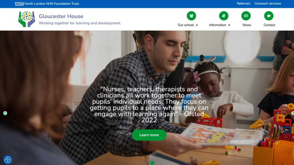Gloucester House homepage showing a teacher working with young children at a classroom table, a SEND school in North London