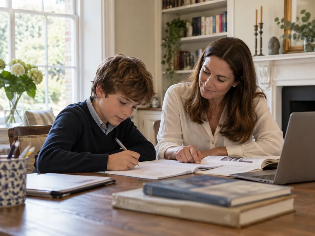 Student studying at home with a private tutor for homeschooling GCSE in the UK.