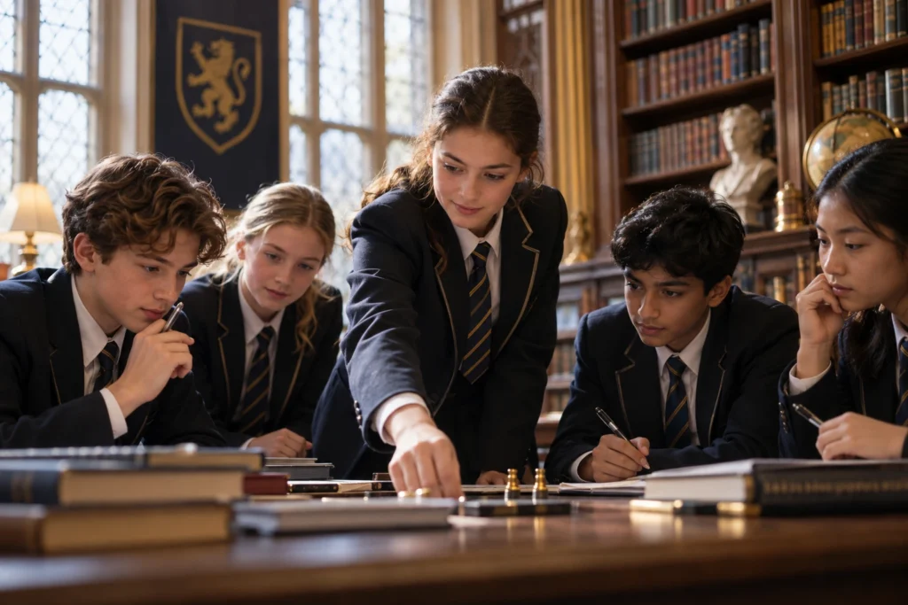 Students taking part in a competitive academic activity at a British independent school, illustrating how competitive are independent schools.