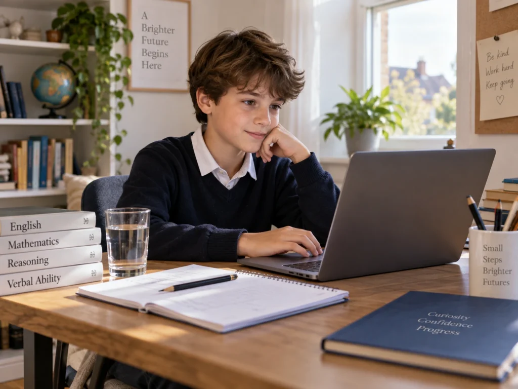 Student studying on a laptop at home, showing How to Prepare for Adaptive Online Tests in a calm and focused setting.
