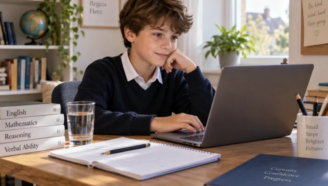 Student studying on a laptop at home, showing How to Prepare for Adaptive Online Tests in a calm and focused setting.