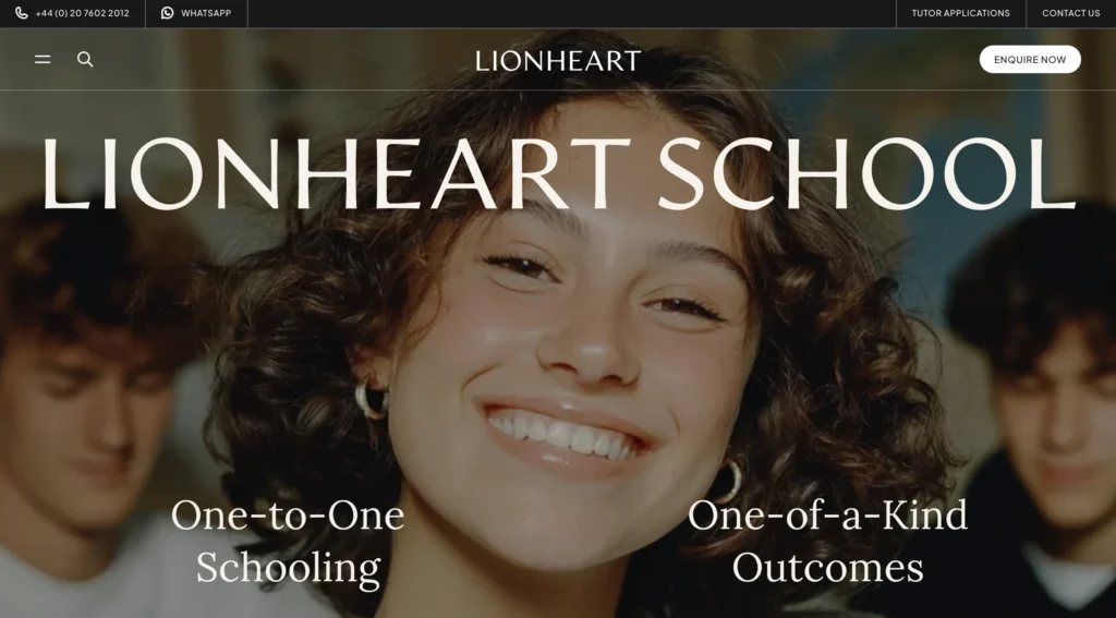 Lionheart Education homepage showing a student working at a desk in a book-lined study, expert guidance on SEN schools in London