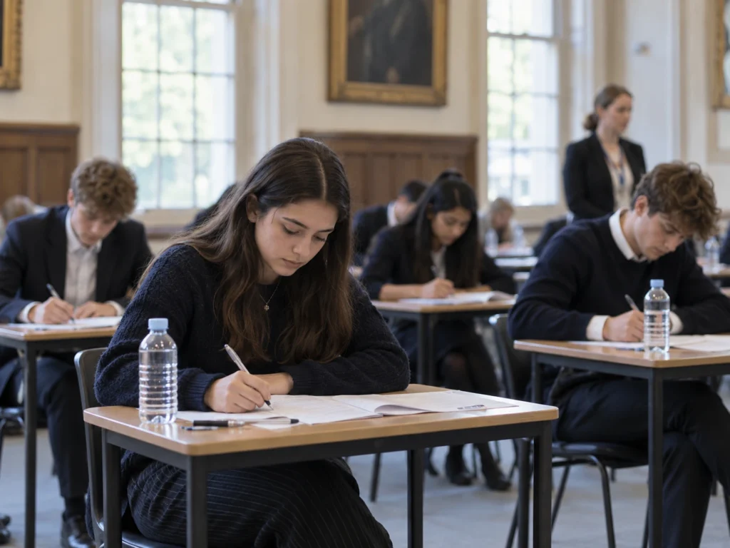 Students sitting in an exam hall and writing papers, illustrating the LNAT guide.