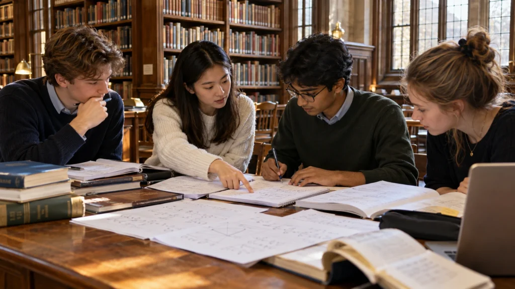 Students working on Oxford maths problems together in a university library.