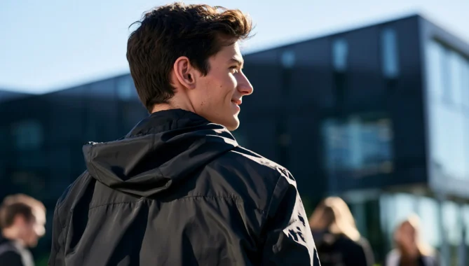 Confident student in front of a university careers conference