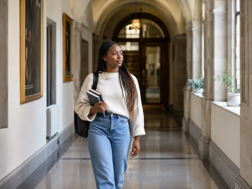 Student walking through an Oxford-style university corridor, representing PPE at Oxford.