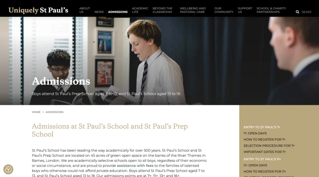 Screenshot of the St Paul’s School website homepage, St Paul’s School admissions