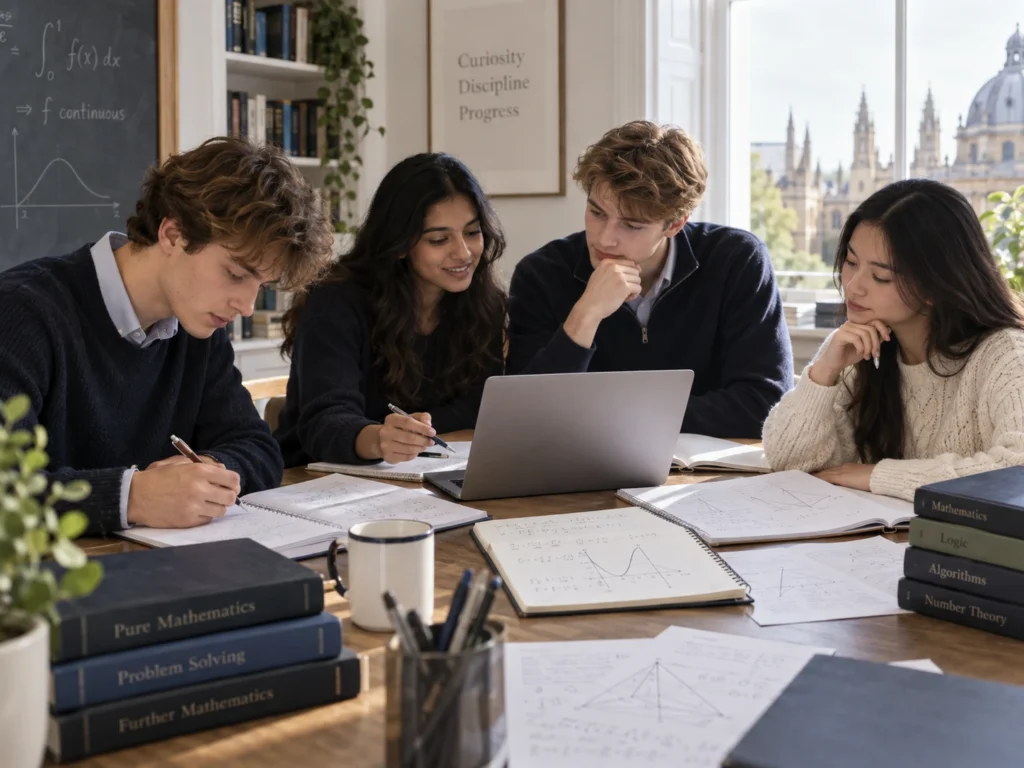 Students studying mathematics together for the TMUA Guide, with laptops, notebooks and practice questions in a university-style setting.