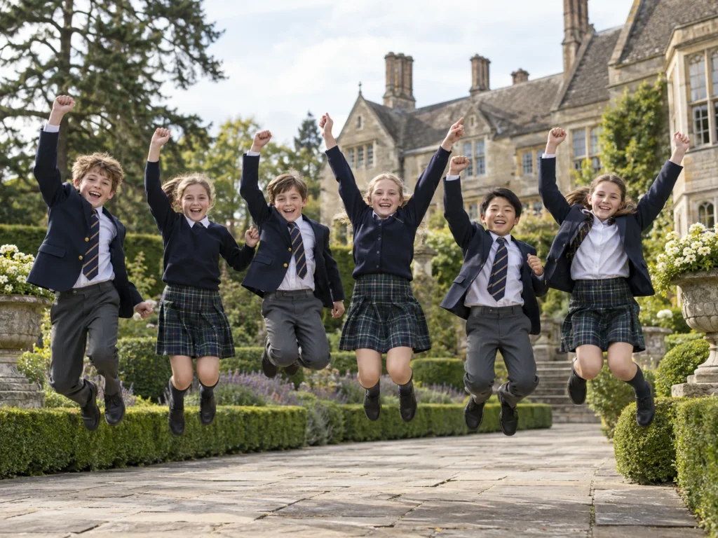 Top 11 Plus performers celebrating success, with a group of schoolchildren jumping with excitement in a traditional British garden.