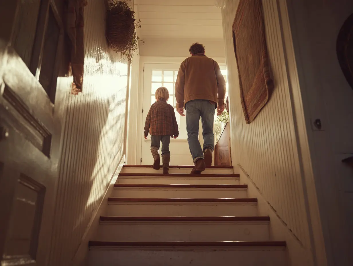 father and son walking up stairs of home