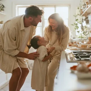 Family with young child in kitchen happy