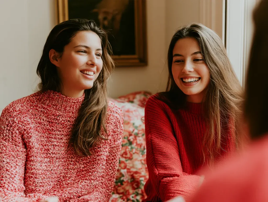 Two teenage girls sit on sofa in a London townhouse