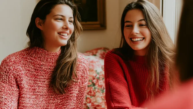Two teenage girls sit on sofa in a London townhouse