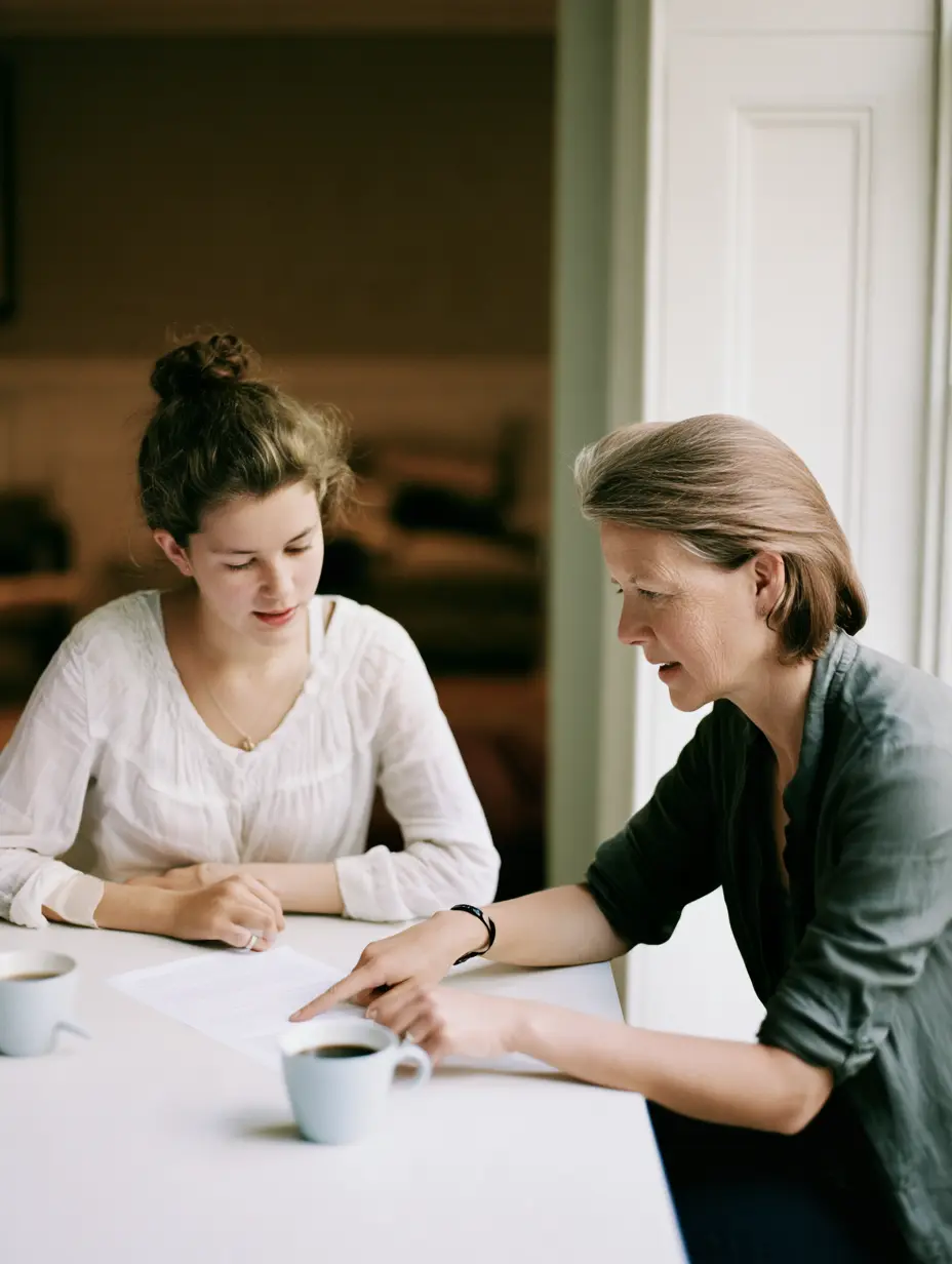 Education specialist consultant and student sat in bright kitchen