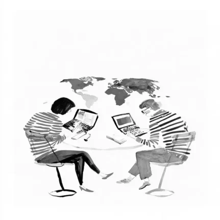 illustration of two people on laptop from across the world