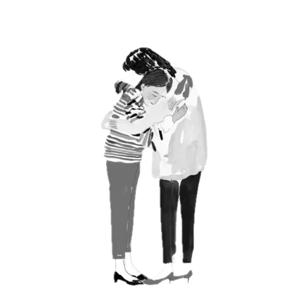 Illustration of young person hugging adult