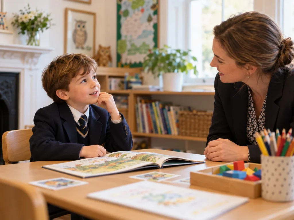 Alt text: Child speaking with a teacher during an interview for the 7 plus entrance exam.