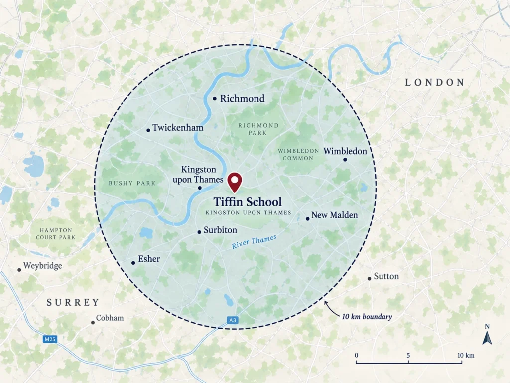 Alt text: Map showing Tiffin School’s 10 km Priority Area around Kingston upon Thames.