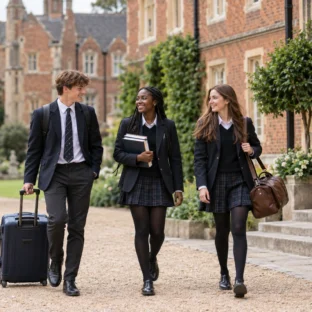 Students walking through the grounds of one of the boarding schools near London.