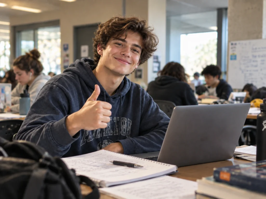 Student giving a thumbs up after working on an IB Extended Essay.
