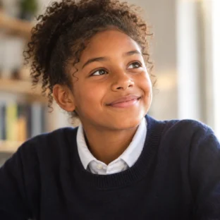 Happy young student smiling confidently during ISEB Pre-Test tuition preparation.