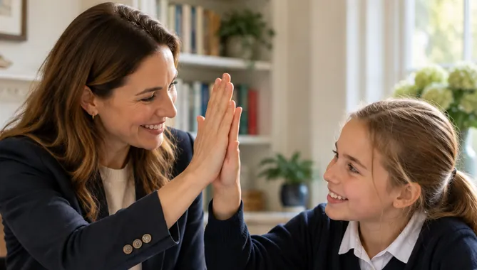 Private tutor high-fiving a student during ISEB Pre-Test tuition.