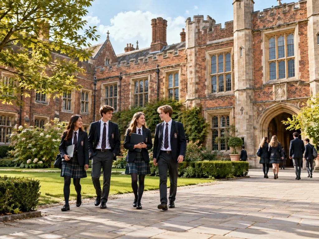 Students outside a traditional British school representing the differences between state vs private school education in the UK.